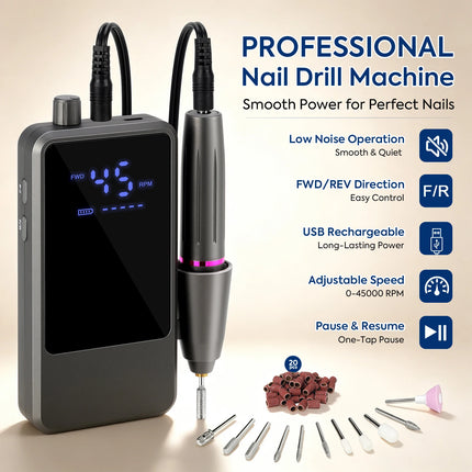 DianaBeauty 45000RPM Nail Drill Machine Portable Nail Polisher with LCD Display Electric Nail Polisher with 1600mAh Nail Tools