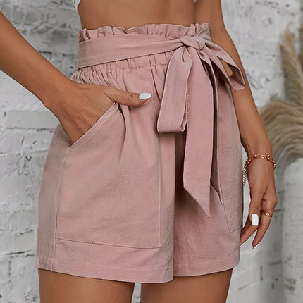 2026 Summer New Style Casual Commuter Style Ruffled High-Waisted Wide-Leg Shorts with Tie-Waist Slimming Effect Loose A-Line Shorts Suitable for Young Women