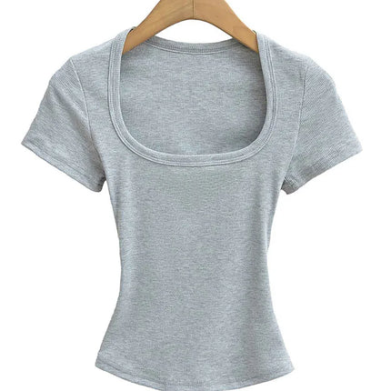 Square Collar High Stretch Summer Crop Tops Women Short Sleeve Tops Sexy Pullover Bottoming Blouses Slim T-shirt