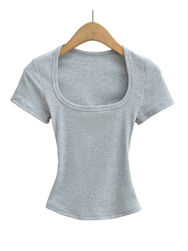 Square Collar High Stretch Summer Crop Tops Women Short Sleeve Tops Sexy Pullover Bottoming Blouses Slim - product image 2