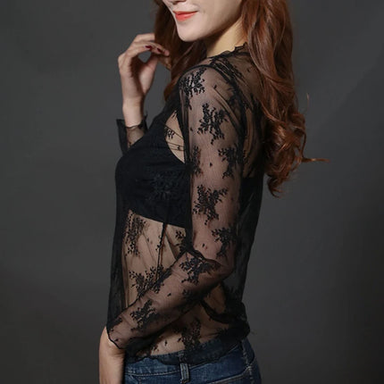 Women Half High Collar Lace Bottomed Blouse Spring And Autumn  Hollow Mesh Top Sexy Western-style Long Sleeve T-shirt Crop Top