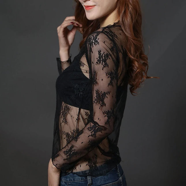 Damen-Bluse mit halbem Stehkragen, Spitze unten, Frühling und Herbst, ausgehöhltes Mesh-Oberteil, sexy Langarm-T-Shirt im westlichen Stil, bauchfreies Oberteil