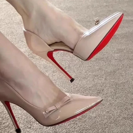 Side Empty Single Shoes Autumn New Pointed Toe Shallow Mouth Bow Slip-on Anti-Slip Wear-Resistant High Heels