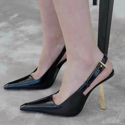 Patent leather high heels Women 2024 new gold with one-line sandals pointy skinny heels party women's shoes