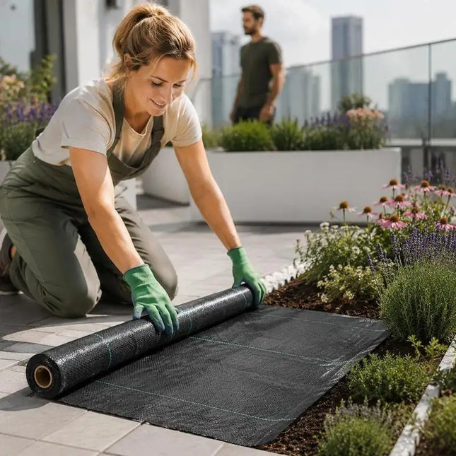 Woman unrolling black weed control fabric next to a flowerbed