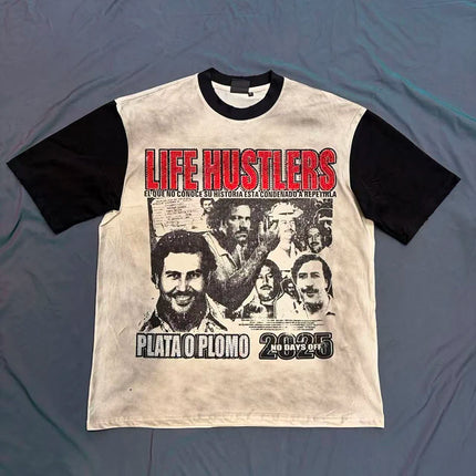 Retro Wash black Skull letter Rhinestone Print Life Hustlers T Shirt Men Woman Fashion Harajuku Hip Hop Shinning Diamond Tees