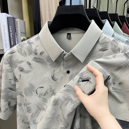 Slim Fit Feather Pattern Polo For Men Embroidered Logo Short Travel Family Gathering And Casual Dating Garment