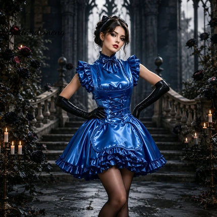 Gothic Gold Satin Maid Costume Prom Dress Corset Lace Up Ruffle High Neck Bow Short Halloween Cosplay Party Dress Customized