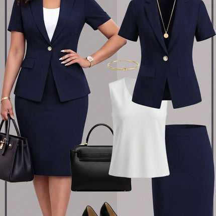 Women's elegant business-style short-sleeve blazer set for spring and summer, paired with a solid-color camisole and a knee-length skirt. Ideal for job interviews, business office wear, and fashionable commuting.