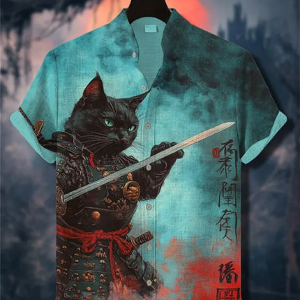 Men's Quirky Retro Cat Printed Linen Shirt Short Sleeve Fashionable Stand up Collar Outdoor Casual Party Wear