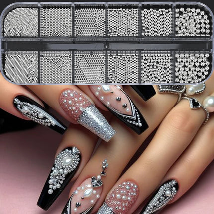 1 Box Half Round Flatback Nail Rhinestones Multi Size Gold& Silver Metal Pearls Caviar Nail Art Decorations Flat Back Gold Beads
