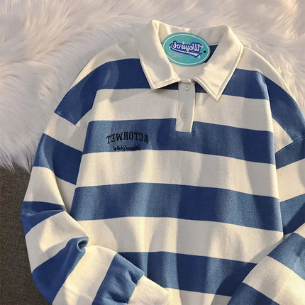 Polo Shirts Male Large Size Retro Striped Contrast Color Polo Collar Sweater Men's Autumn Loose Coat Long Sleeves Buttons Tops