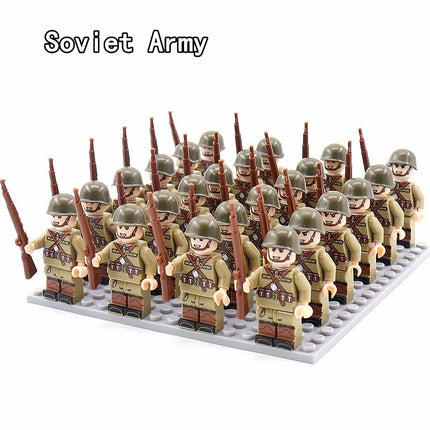 WW2 24pcs/Lot Military Soldiers Building Blocks Set Weapons Soviet US UK China France Army Action Figures Bricks Toys Kids Gifts