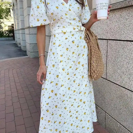 Summer Women Psrinted Dress Lace Up Short Sleeve Fashion Office Lady Long Dress 100% Cotton Daily Casual V-neck Dress ZAM8