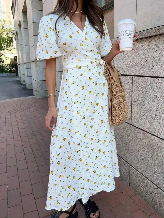 Sommerkleid für Damen, bedruckt, geschnürt, kurze Ärmel, modisches Büro-Langkleid, 100 % Baumwolle, täglich, lässig, V-Ausschnitt, ZAM8