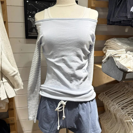 Sweet Pink Striped Long Sleeve T-shirt Women New Spring Cotton Raw Hem Slash Neck Slim Tee Tops Cute Preppy Style T shirt Y2K