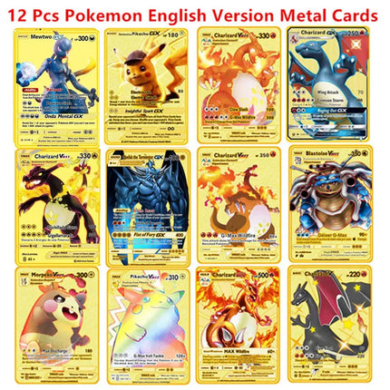 English Version Pokemon Metal Card Anime Figure Pikachu Charizard Mewtwo Battle Trading Game Collection Cards Model Toy Gifts