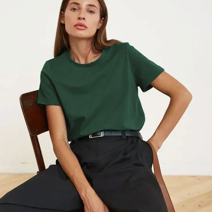 Summer 100% Cotton T-shirt Bottoming Basic Fashionable Solid Short Sleeve Loose Tops Shirts 230g/㎡ Tops