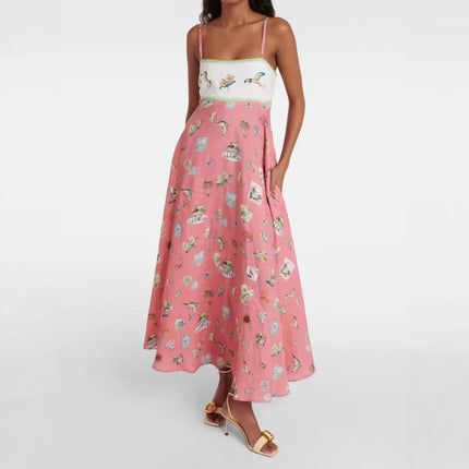 2026 new women's clothing sweet, fresh and fashionable printed super pendulum suspender dress