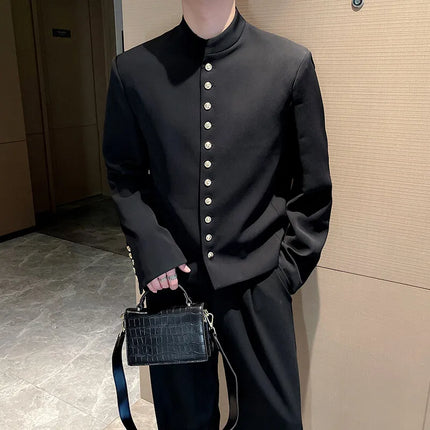 Chinese Style Stand Collar Jacket Men Single Breasted Solid Color Casual Jackets Social Streetwear Men Clothing