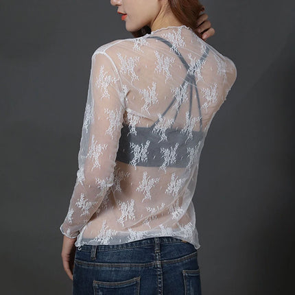 Women Half High Collar Lace Bottomed Blouse Spring And Autumn  Hollow Mesh Top Sexy Western-style Long Sleeve T-shirt Crop Top