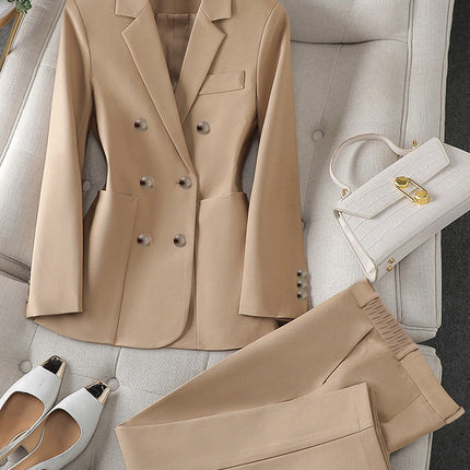Women's Double-Breasted Slim-Fit Blazer Set | High-End Professional Commuter Outfit for Spring & Autumn