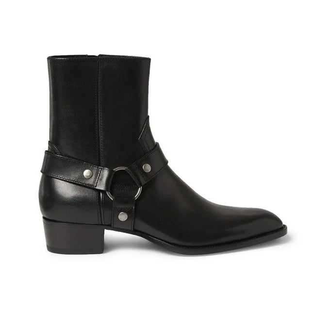 Black Buckle Genuine Leather Ankle Boots for Men Low-heeled Western Boots Safety Shoes Man for Work Handmade Winter Desert Boots