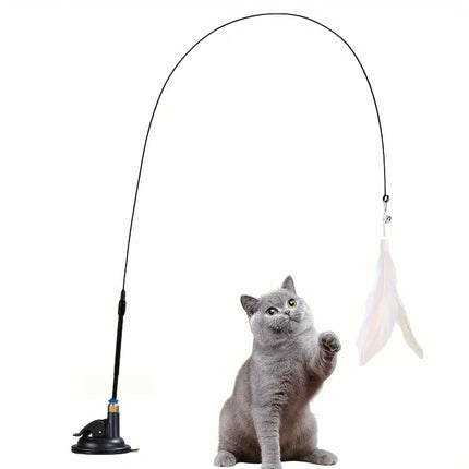 Cat Teaser Toy - Interactive Bell & Feather Wand - Long Suction Cup Pole for Exciting Playtime Adventures - product image fro