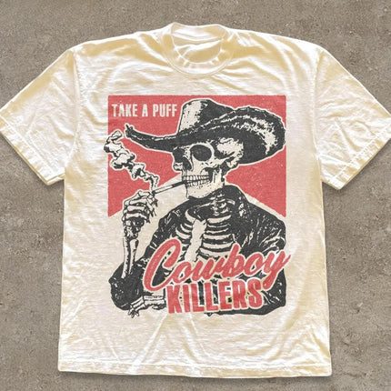 Skull Smoking Cowboy Killer T-shirt Fun Skull Pattern Retro Western Punk Style T-shirt Pure Cotton All-Season Couple Top