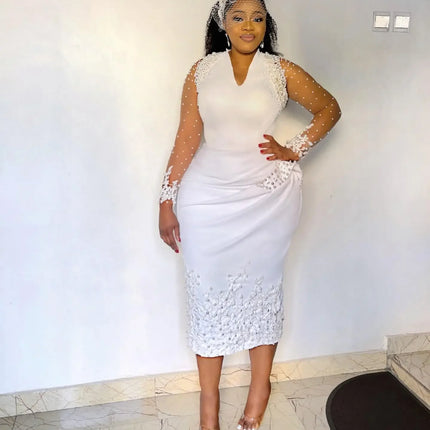Customized V Neck Shinny Pearls Short Wedding Dress For Bride African Plus Size Illusion Full Sleeves Tea Length Bridal Gown