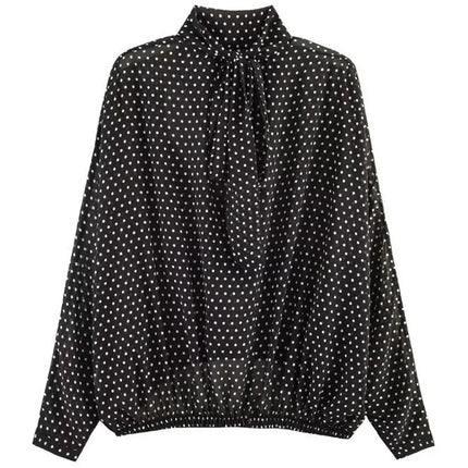 Polka Dot Skirt 2 Piece Set Women Casual High Collar Tie Full Sleeves Elastic High Waist Long Skirt Suit Lady Daily Outfit New
