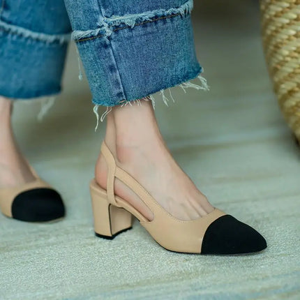 Summer Fashion Color Blocked Flat Bottom Coarse Heel Women's Sandals New Small Fragrant Style Shallow Mouth Low Tailored Shoes