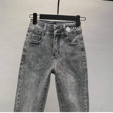 Women's Jeans 2025 Summer New Elastic Slim Heavy Industry Hot Diamond Small Foot Pencil Pants Female Casual Denim Trousers