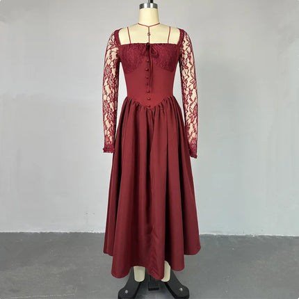 Elegant Vintage Women Dress Long Lace Sleeve Square Collar Slim Waist Big Hem Long Dress