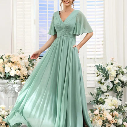A Line Chiffon Bridesmaid Dresses Short Sleeve V Neck Slit Pleat Elegant Wedding Party Formal Prom Evening Zipper Back