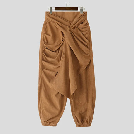 INCERUN Men Irregular Pants Solid Color Joggers Lace Up Casual Trousers Men Streetwear Loose Pleated Fashion Long Pants S-5XL