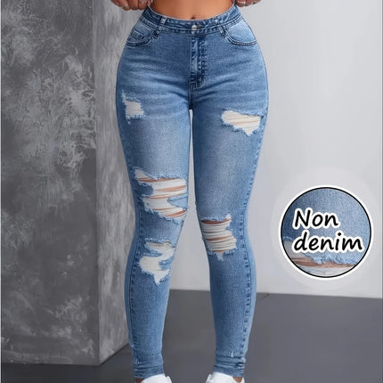 Fashion Women's Faux Denim Printed Skinny Pants, High-Elastic Seamless Leggings with Fake Pockets, Full-Length Sports Leggings