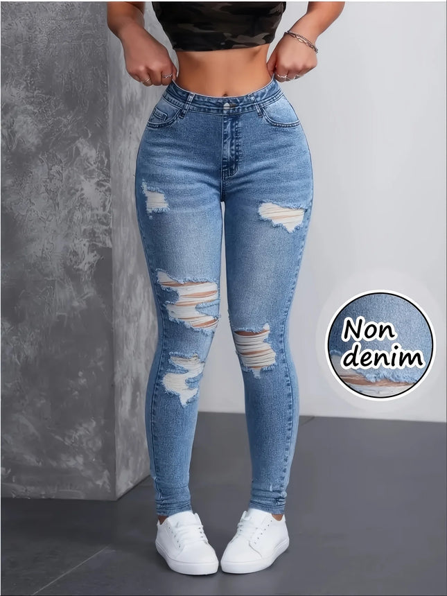 Fashion Women's Faux Denim Printed Skinny Pants, High-Elastic Seamless Leggings with Fake Pockets - product image 2