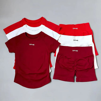2 Piece Athletic Tracksuit, Seamless Short Sleeve Yoga Wear, High Stretch Running Shorts, Gym Training Outfit