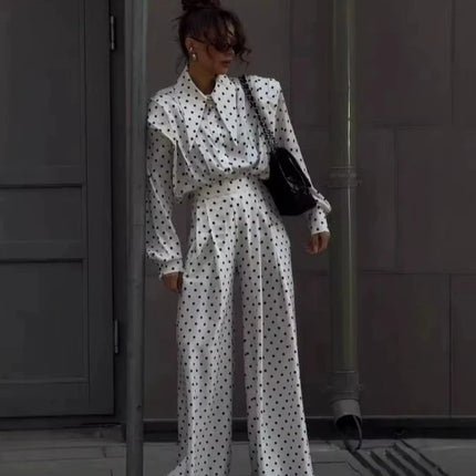 Polka Dot Skirt 2 Piece Set Women Casual High Collar Tie Full Sleeves Elastic High Waist Long Skirt Suit Lady Daily Outfit New