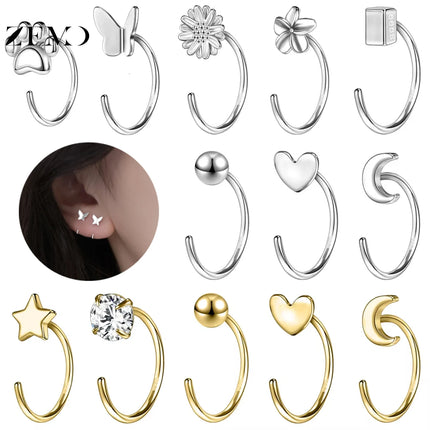 ZEMO 20G 2PCS 999 Sliver Hoop Earring Gold Plated Heart Round Ear Hoop Zircon Opening Huggies Piercings Girls Cute Circle Rings