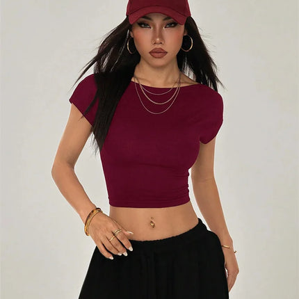 Sexy Backless Short Sleeve T Shirt Women Summer Grunge Y2K Clothes High Street Style Plain Black Crop Tee Top Streetwear 2024