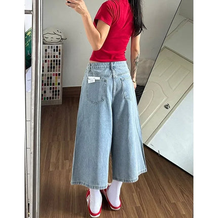 Women's Pants Baggy Cropped Denim Jeans Vintage Star Patch Loose Fit High Rise Casual Summer Style