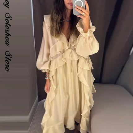 Elegant Ruffle Women's Dress Summer Solid V Neck Full Sleeve Loose Long Casual Dresses New Street Beach Vacation Robe 2026