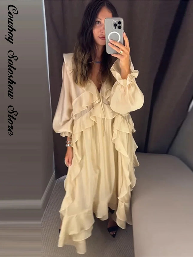 Elegantes Rüschenkleid für Damen Sommer Einfarbig V-Ausschnitt Langarm Locker Langes Freizeitkleid Neue Straßenstrand-Urlaubsrobe 2026