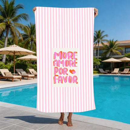 More Amor Por Favor Striped Beach Towel - Pink & White Vertical Stripe Microfiber Bath Sheet for Poolside Romance