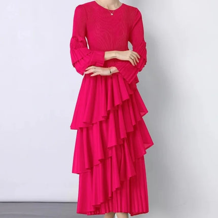XFPV Elegant Fashion Style Women's Beautiful Dress Long Sleeves Round Neck Pleated Irregular Dresses For 2025 Autumn New 22D2441
