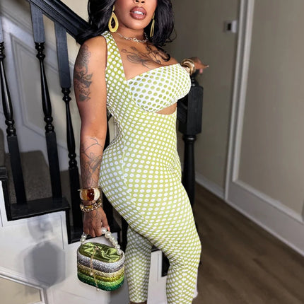 Kricesseen Polka Dot Print Cut Out Sexy Jumpsuit Women Headband Sets Skinny Bodycon One Piece Clubwear Summer Streetwear Outfits