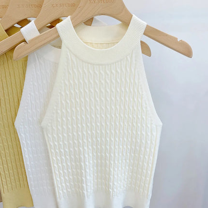 2026 Summer New Women's Knitted Halter Camisole Slim Fit Sleeveless Base Tank Tops Solid Color O-neck Outerwear Vests Crop Tops