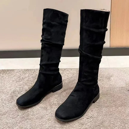 Plus Size Slip-On Western Boots Women High Tube Round Head Solid Color Flat Heel Fashion Boots Velvet Material Comfortable Winte